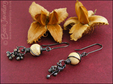 Oxidised earrings with river stones and copper raindrops