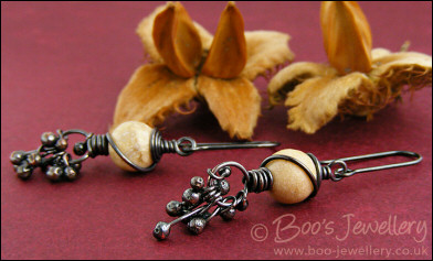 Oxidised earrings with river stones and copper raindrops