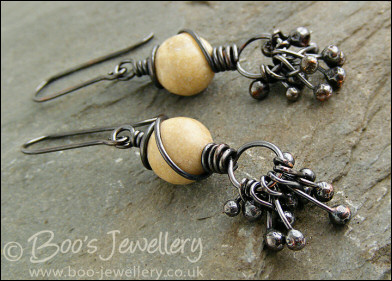 Oxidised earrings with river stones and copper raindrops