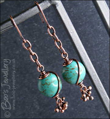 Turquoise and antiqued copper earrings with molten buds