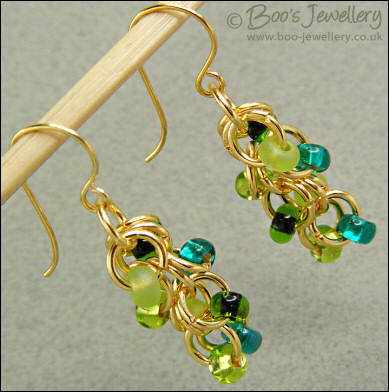 Gold plated beaded bracelet & earrings in greens