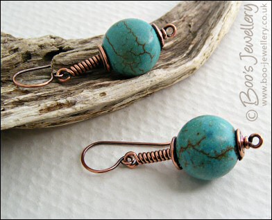 Antiqued copper and chalk turquoise spiral wrapped earrings - made to order
