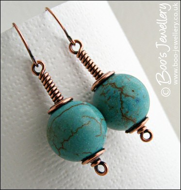 Antiqued copper and chalk turquoise spiral wrapped earrings - made to order