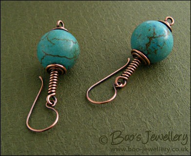 Antiqued copper and chalk turquoise spiral wrapped earrings - made to order