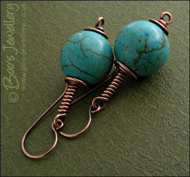 Antiqued copper and chalk turquoise spiral wrapped earrings - made to order