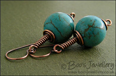 Antiqued copper and chalk turquoise spiral wrapped earrings - made to order