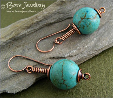 Antiqued copper and chalk turquoise spiral wrapped earrings - made to order