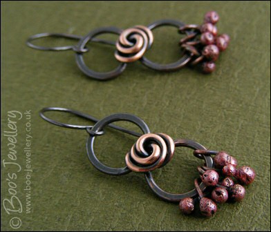 RESERVED - Antiqued copper figure of 8 rosebud knot earrings with rosy raindrops