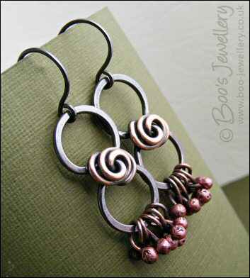RESERVED - Antiqued copper figure of 8 rosebud knot earrings with rosy raindrops