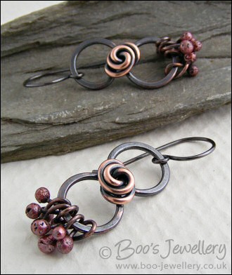 RESERVED - Antiqued copper figure of 8 rosebud knot earrings with rosy raindrops