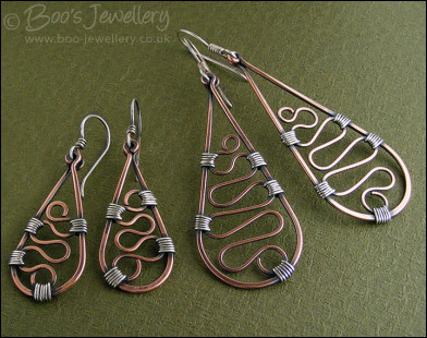 Squiggle filled teardrop earrings in copper and silver