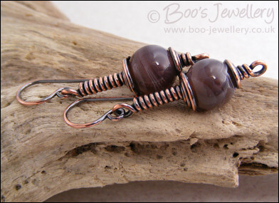 Botswana Agate long drop spiral wrapped earrings