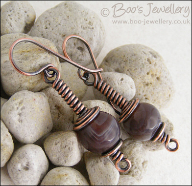 Botswana Agate long drop spiral wrapped earrings
