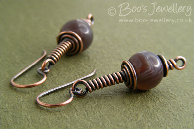 Botswana Agate long drop spiral wrapped earrings