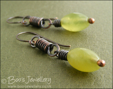 Oxidised coiled link earrings with serpentine jade
