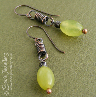 Oxidised coiled link earrings with serpentine jade