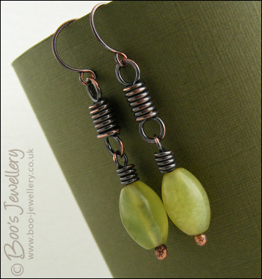 Oxidised coiled link earrings with serpentine jade