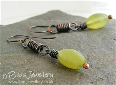 Oxidised coiled link earrings with serpentine jade