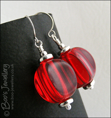 Scarlet red glass and silver earrings