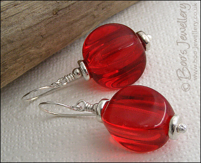Scarlet red glass and silver earrings