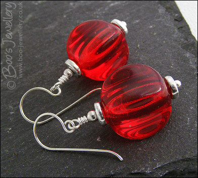 Scarlet red glass and silver earrings