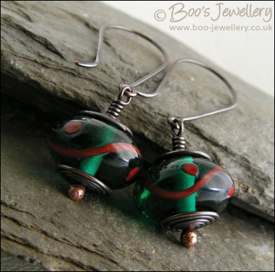Oxidised gunmetal copper and green glass earrings