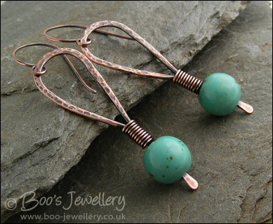 Antiqued copper and turquoise hammered loop earrings