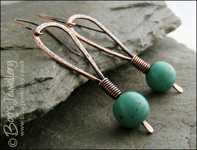Antiqued copper and turquoise hammered loop earrings