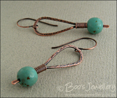 Antiqued copper and turquoise hammered loop earrings