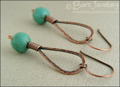 Antiqued copper and turquoise hammered loop earrings