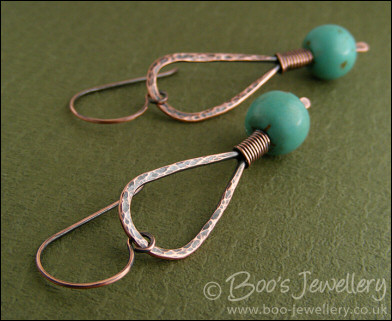 Antiqued copper and turquoise hammered loop earrings