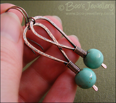 Antiqued copper and turquoise hammered loop earrings