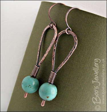 Antiqued copper and turquoise hammered loop earrings