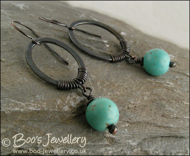 Oxidised copper ovals with turquoise magnesite