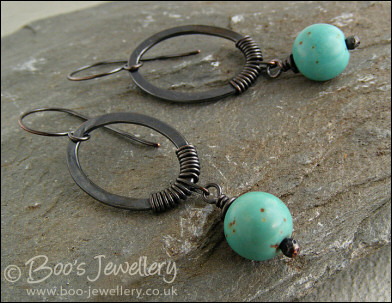 Oxidised copper ovals with turquoise magnesite