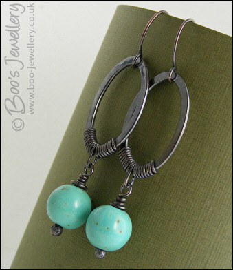 Oxidised copper ovals with turquoise magnesite