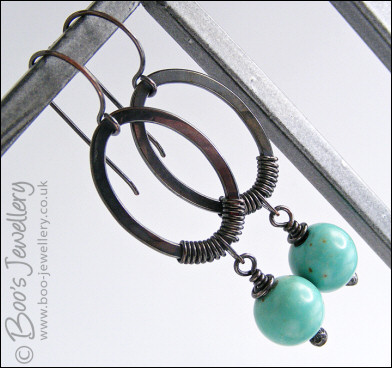Oxidised copper ovals with turquoise magnesite