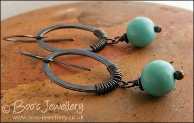 Oxidised copper ovals with turquoise magnesite
