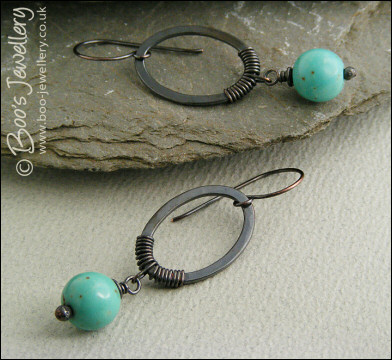 Oxidised copper ovals with turquoise magnesite