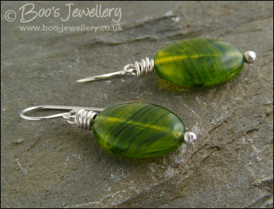 Green glass oval and Sterling silver earrings