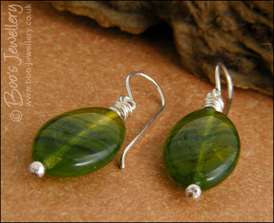 Green glass oval and Sterling silver earrings