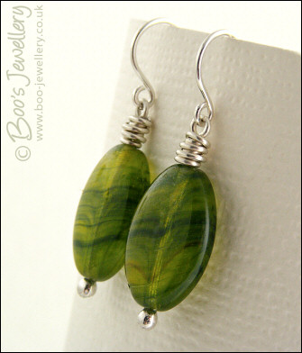 Green glass oval and Sterling silver earrings