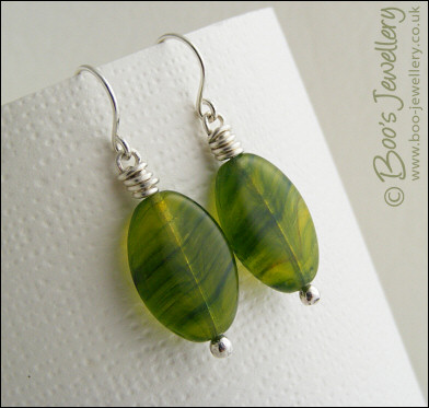 Green glass oval and Sterling silver earrings