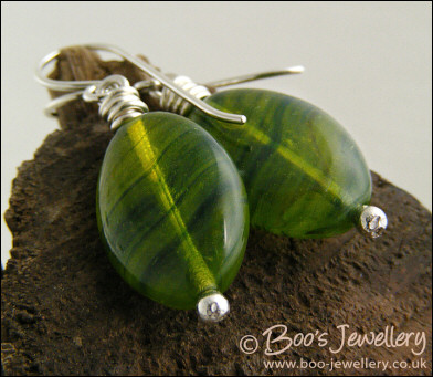 Green glass oval and Sterling silver earrings