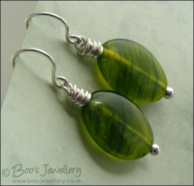 Green glass oval and Sterling silver earrings