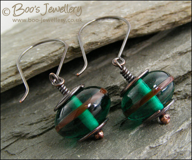 Oxidised copper with green glass long drop earrings