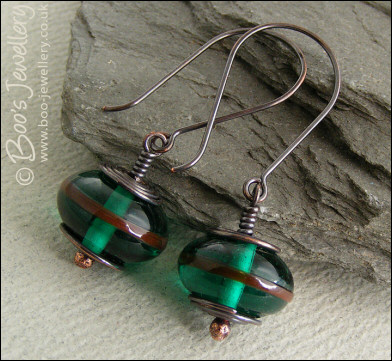 Oxidised copper with green glass long drop earrings