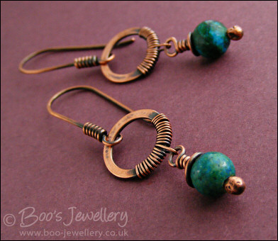 Blue green Chrysocolla wire wrapped earrings