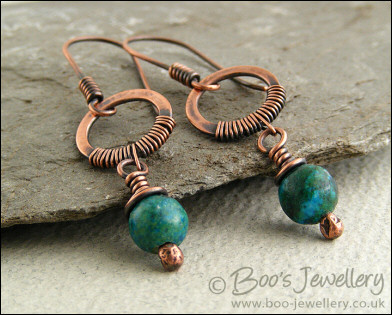 Blue green Chrysocolla wire wrapped earrings