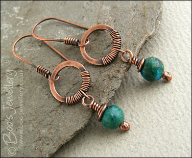 Blue green Chrysocolla wire wrapped earrings